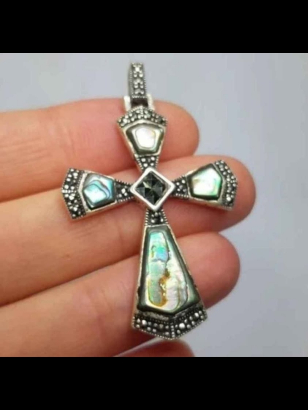 Large Inlay Pau Shell Sterling Silver Cross Pendant